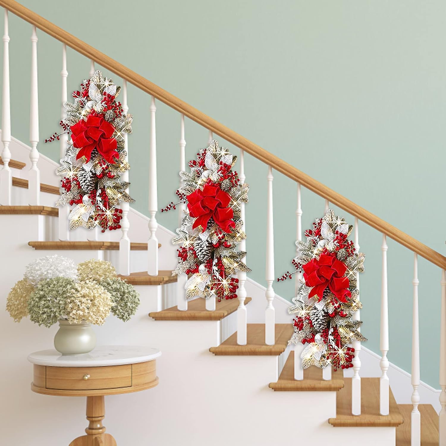 The Cordless Prelit Stairway Swag Trim Pre-Lit Christmas Teardrop Christmas Decorations Christmas Swag Wreaths Front Door Holiday Wall Window Hanging Ornaments for Indoor Outdoor Home Xmas Decor(Light