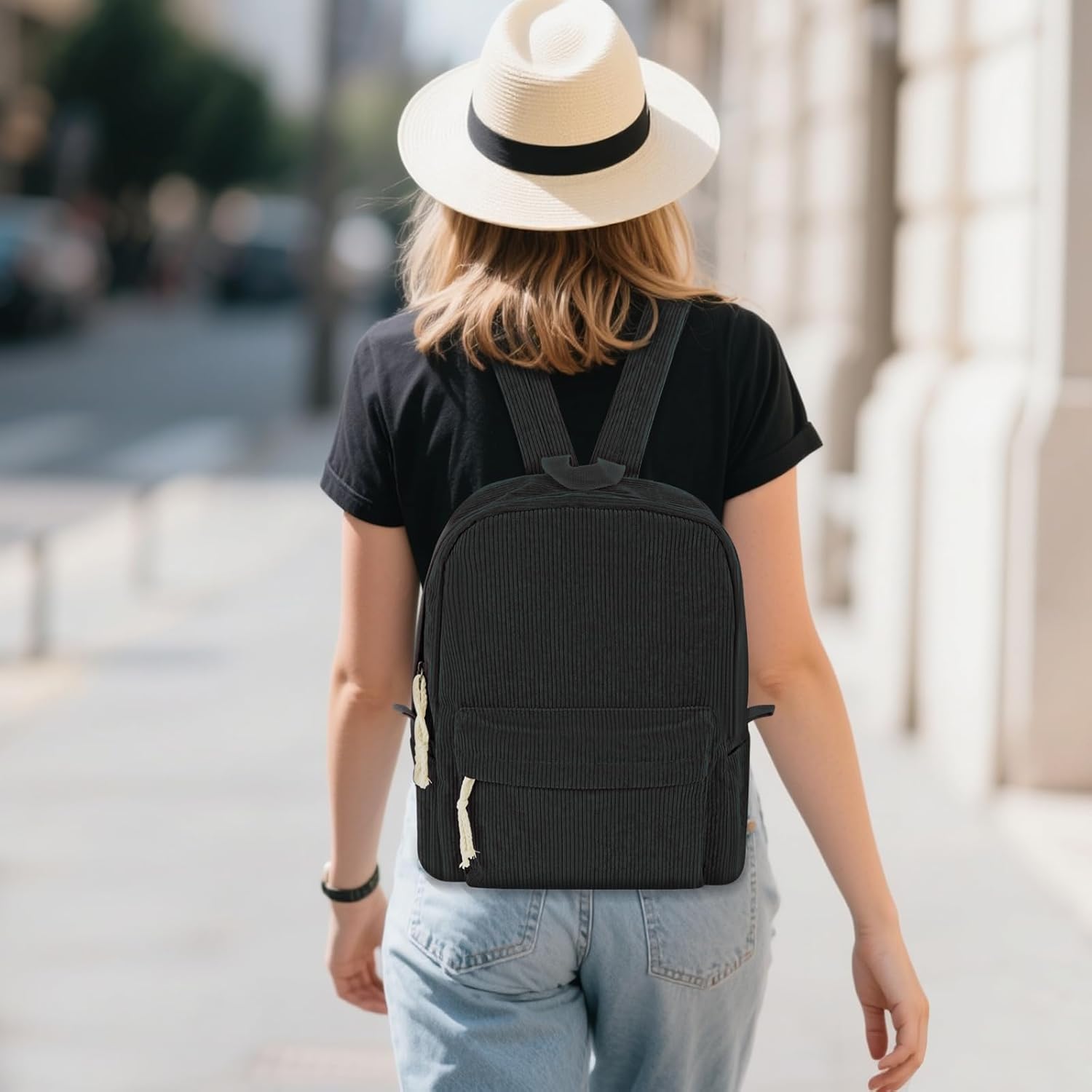 Corduroy Backpack, Lightweight Travel Backpack Large Capacity 15 Inch Laptop Backpack Purse Casual Travel Daypacks for Women (Black) - Image 5