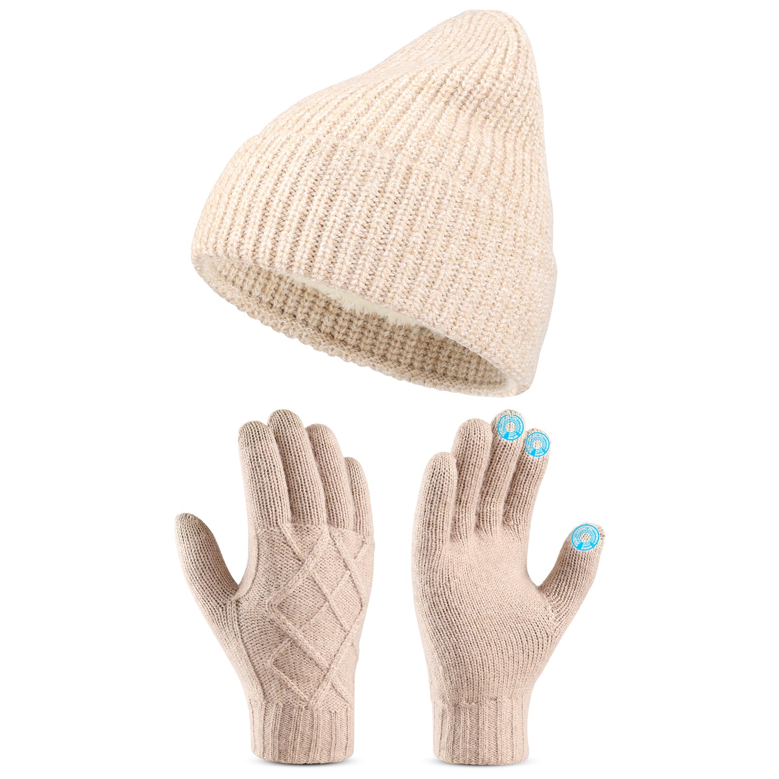 Winter Gloves Beanie Hat Set: Knit Fleece Lined Touch Screen Gloves Soft Skull Cap Set for Women for Outdoor Activities and Daily Use