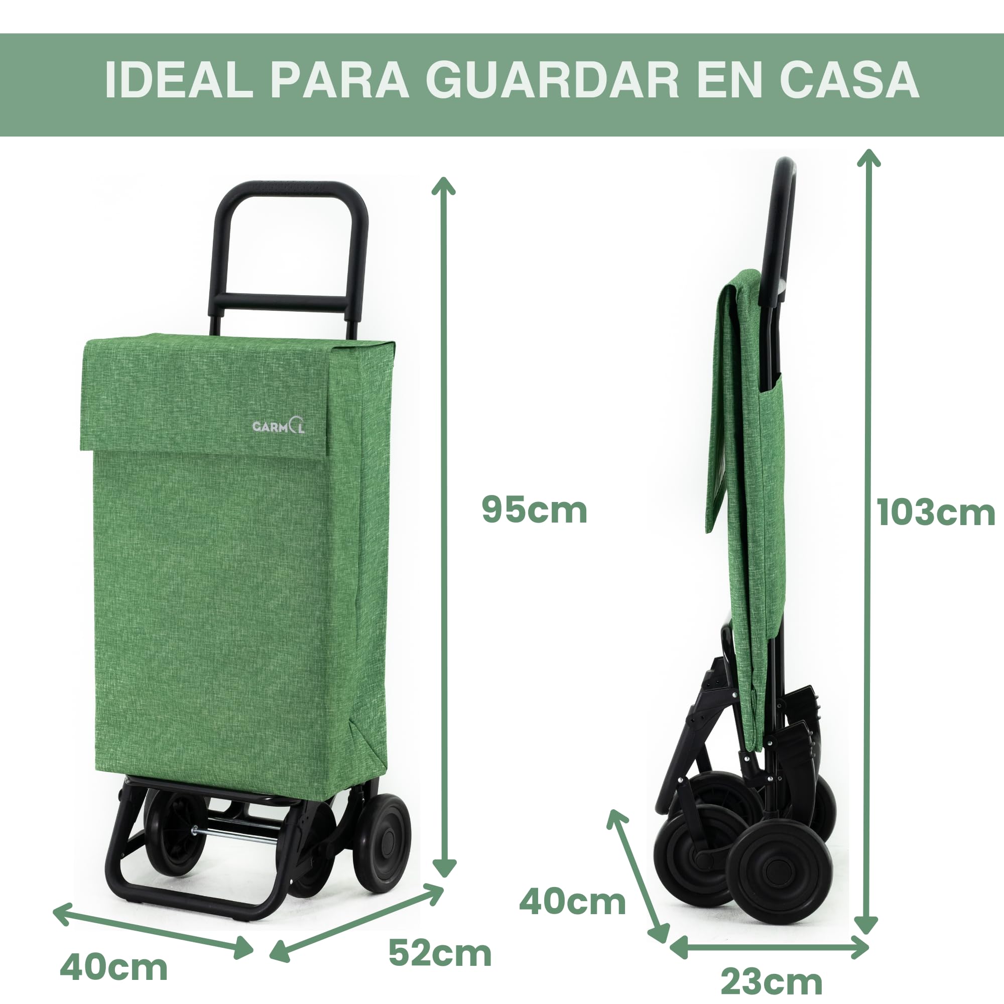 GARMOL Carro de la Compra Plegable 48 litros | Carro de la Compra 4 Ruedas Gran Capacidad | Carrito Compra 4 Ruedas Plegable Color Verde