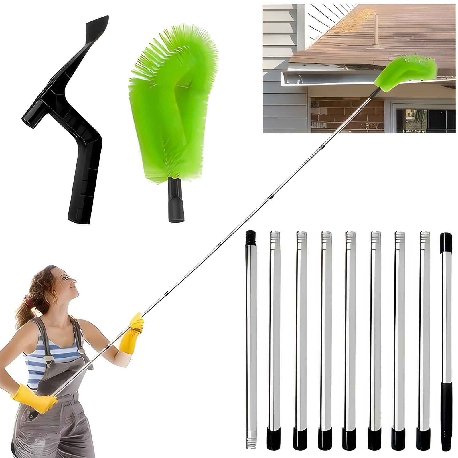 Gutter Cleaning Tools 4M with 9-Section Pole Telescopic Gutter Cleaner Gutter Brush Adjustable Gutter Cleaning Brush Roof Cleaning Equipment Multi-Functional Extended Handle Brush Gutter Cleaner