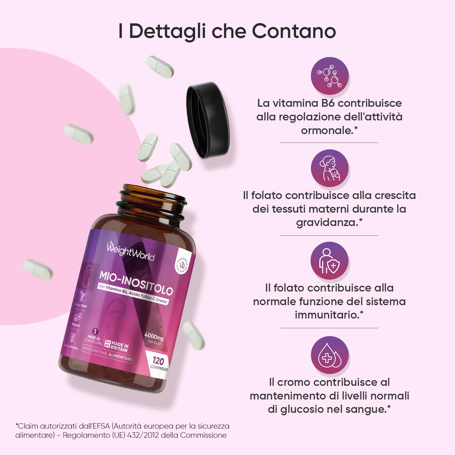Myo Inositolo Vegano 4000mg, Inositolo Integratore con Acido Folico, Vitamina B6, Cromo Picolinato, la Vitamina B6 Contribuisce alla Regolazione dell'Attività Ormonale (EFSA), Senza Magnesio Stearato