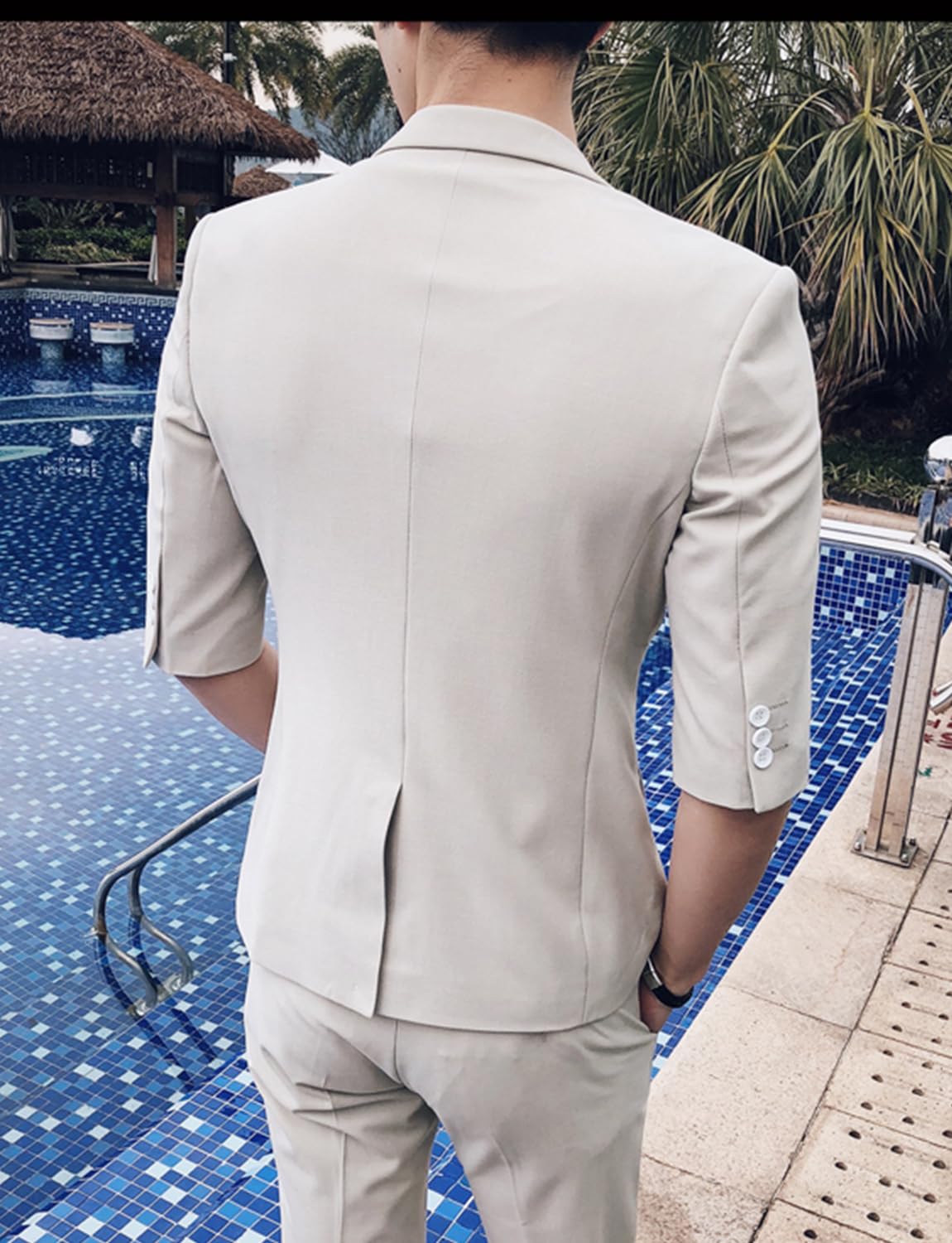 Ulnomio Uomo Mezze Maniche Vestito Set Due Pezzi Notch Risvolto Un Pulsante Gomito Manica Giacca e Pantaloni Gioco di Ruolo Tutti i Giorni