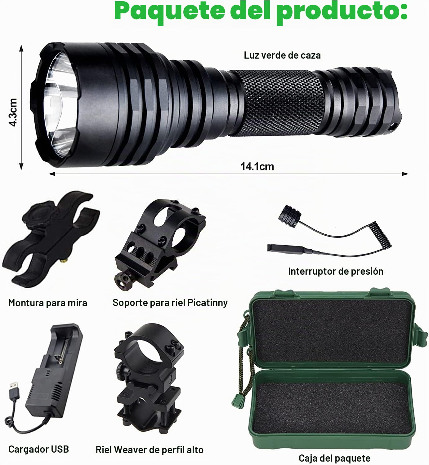 VASTFIRE Potente Luz de Caza verde 1200 Lúmenes 500 Yardas, Linterna de Depredador Adecuada para Cerdos, Conejos, Coyotes y Cazadores de Cerdos