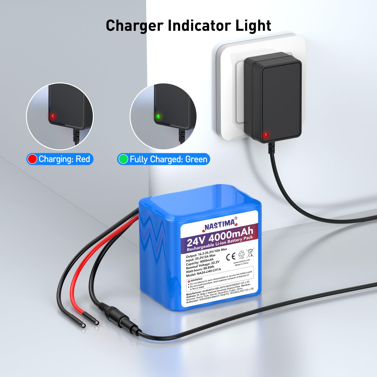 NASTIMA 4000mAh 88,8Wh 24V Wiederaufladbarer Lithium-Ionen-Akku, Geeignet für Bluetooth-Lautsprecher, RC-Cars, Solarstromanlagen, Heimwerkerprojekte usw. Inklusive Ladegerät und Steckverbinder