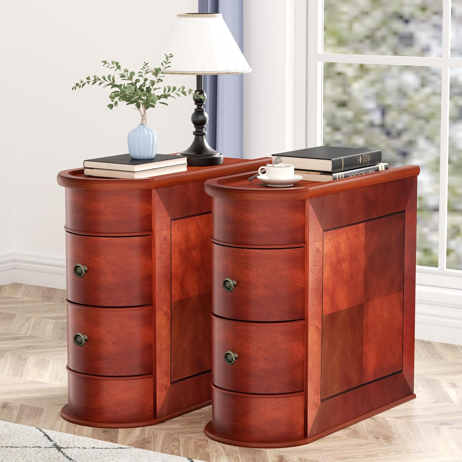 Solid Wood Narrow End Table with 2 Drawers, Fully Assembled Slim Chair Side Table, Finished Back, Vintage Wood Sofa Side Table for Living Room, Bedroom(2 Pack)