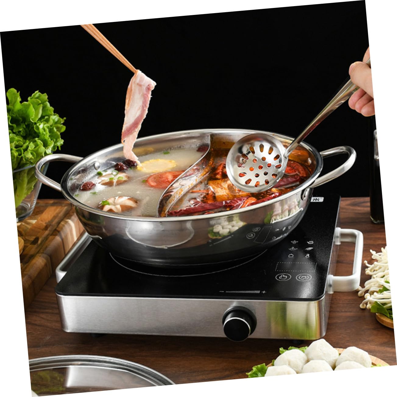 Didiseaon Olla Caliente Doble 32 Cm Acero Inoxidable Resistente Antióxido Utensilios Cocina Acero Inoxidable Menaje Hogar Set 4 Piezas para Cocina Asiática