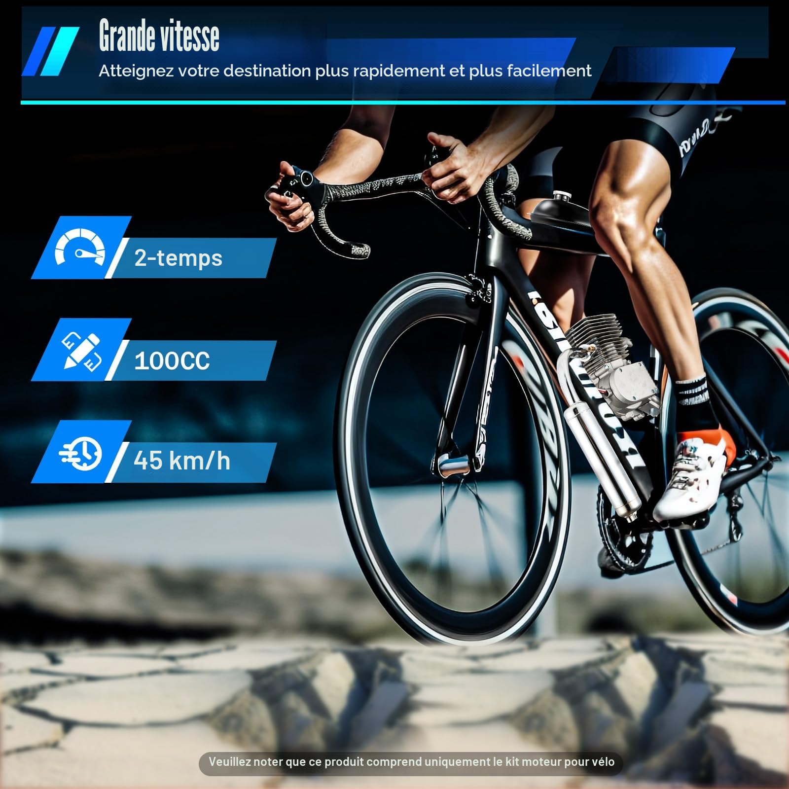 Kit Moteur pour Vélo 100 CC 2 Temps, Compatible VTT / Vélo Route 26/28", Réservoir 2L, Vitesse 28 m/h, 44 Dents