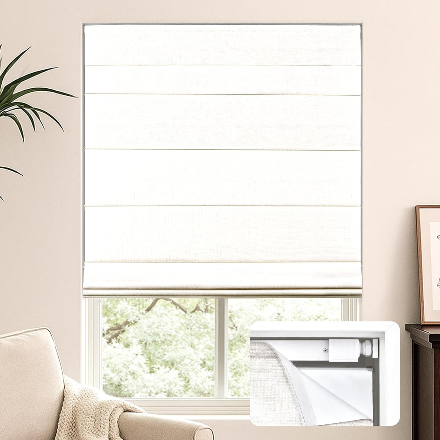 LazBlinds No Tools No Drill Cordless Roman Shades for Windows, Blackout Thermal Insulated UV Blocking Window Blinds, Lightweight Fabric Blinds for Indoor Windows, 33" W x 60" H, Blackout - White White 33" W x 60" H