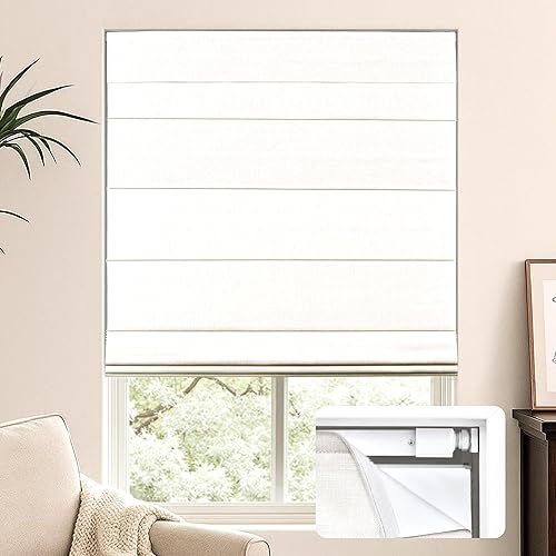 LazBlinds No Tools No Drill Cordless Roman Shades for Windows, Blackout Thermal Insulated UV Blocking Window Blinds, Lightweight Fabric Blinds for Indoor Windows, 26" W x 60" H, Blackout - White
