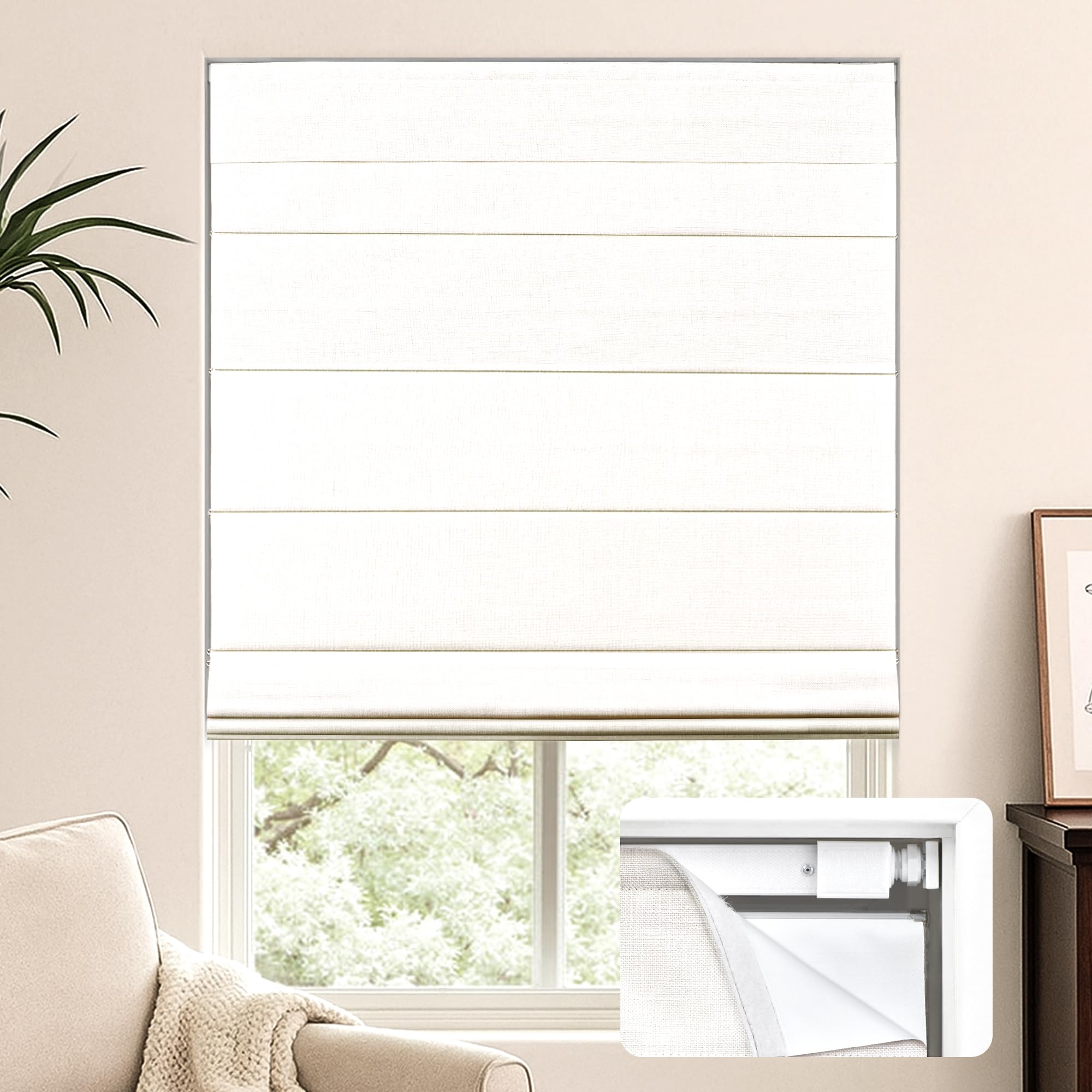 LazBlinds No Tools No Drill Cordless Roman Shades for Windows, Blackout Thermal Insulated UV Blocking Window Blinds, Lightweight Fabric Blinds for Indoor Windows, 35" W x 48" H, Blackout - White