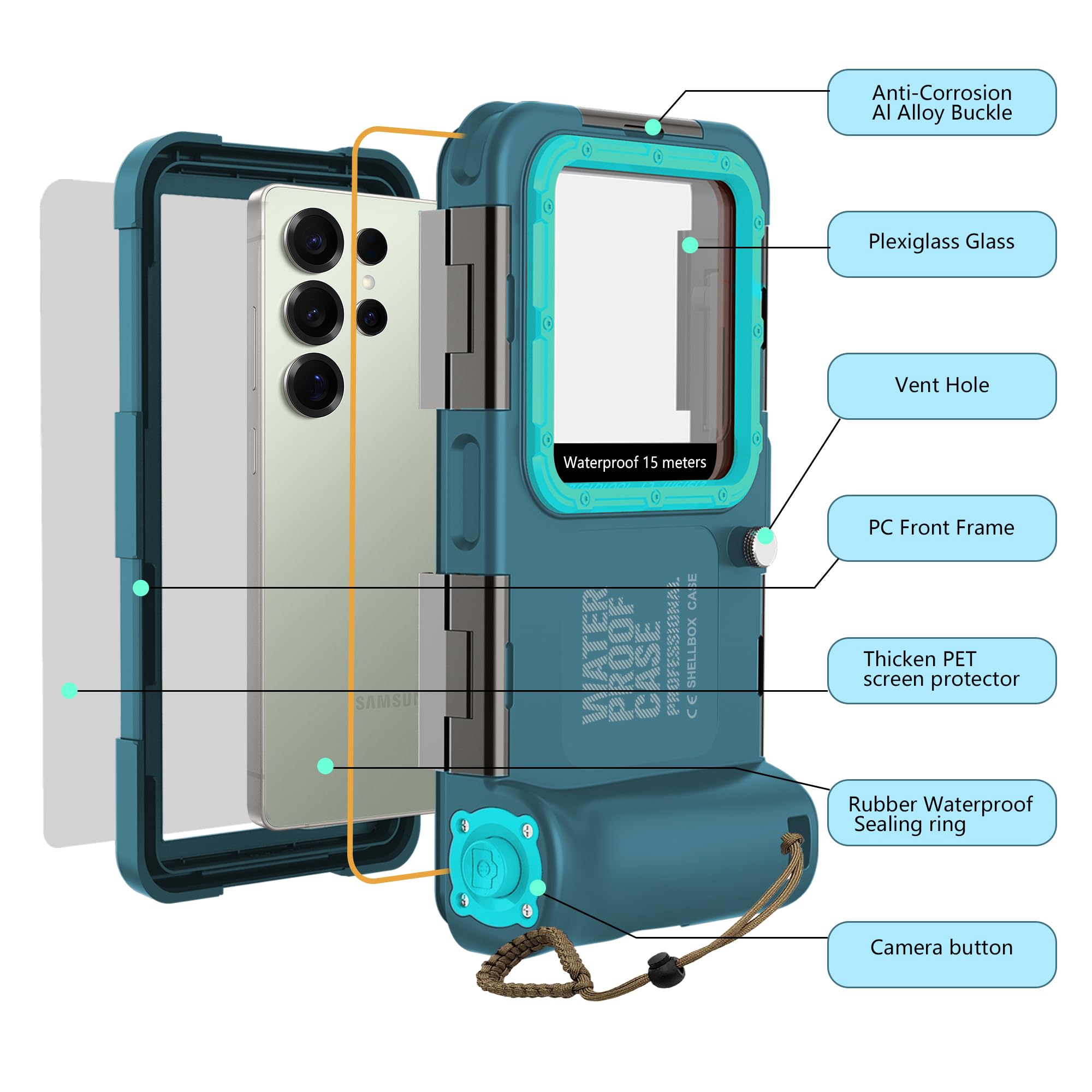 Funda de buceo compatible con Samsung Galaxy S25/S24/S23/S22 todas las series, carcasa de buceo Android (botón de volumen del teléfono a la derecha), funda impermeable universal profesional