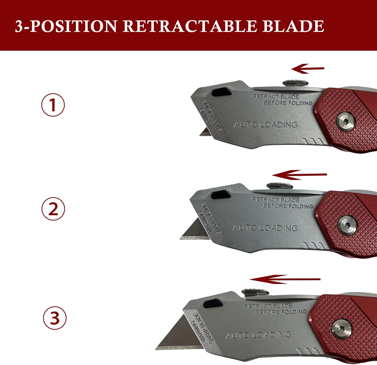 Zeluga 19-573 Folding Utility Knife with Quick Blade Change, Retractable 3-Position Depth Control, Lightweight Aluminum Body Pocket Knife with Belt Clip, Includes 3 Blades in Handle Storage