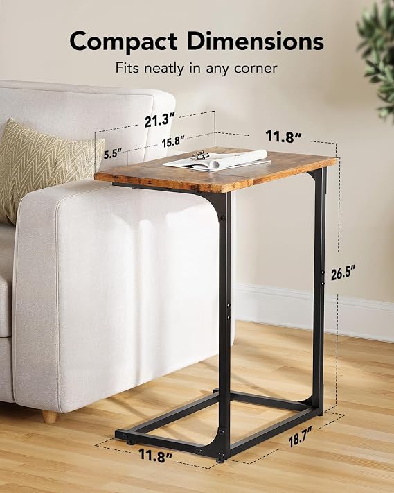 Pipishell C-Shaped Side Table, C Table for Sofa with Two-Piece Desktop & Metal Frame, Large Surface End Table for Living Room, Bedroom, Beside, and Home Office, Rustic Design