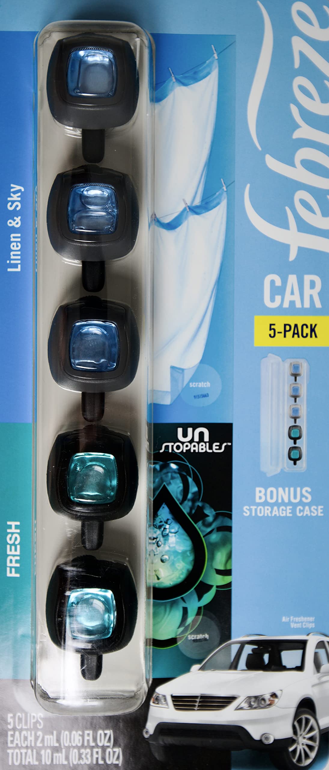 Febreze Linen & Sky and Fresh Unstopables Air Freshener, 5 Car Vent Clips