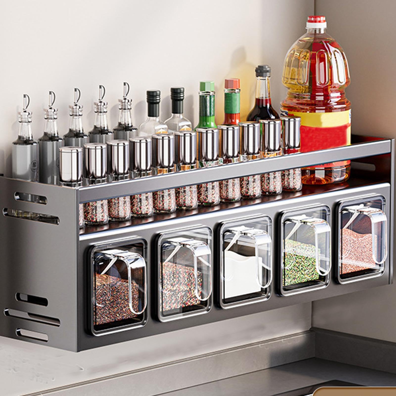 Estante de condimento, organizador de soporte de condimentos - Soporte de | condimento de pared sin perforación - Soporte de almacenamiento de gran capacidad, soporte de condimentos para cocina, é