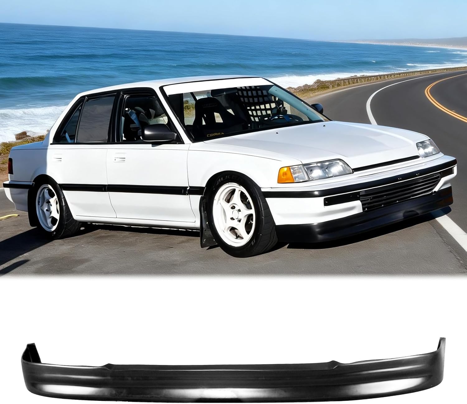 FREEMOTOR802® Front Bumper Lip Splitter Air Dam Chin Spoiler, Fits 1990-1991 Honda Civic Hatchback Sedan, CS Style Unpainted Black PU 1PC Lower Guard Protector Underbody Styling Trim