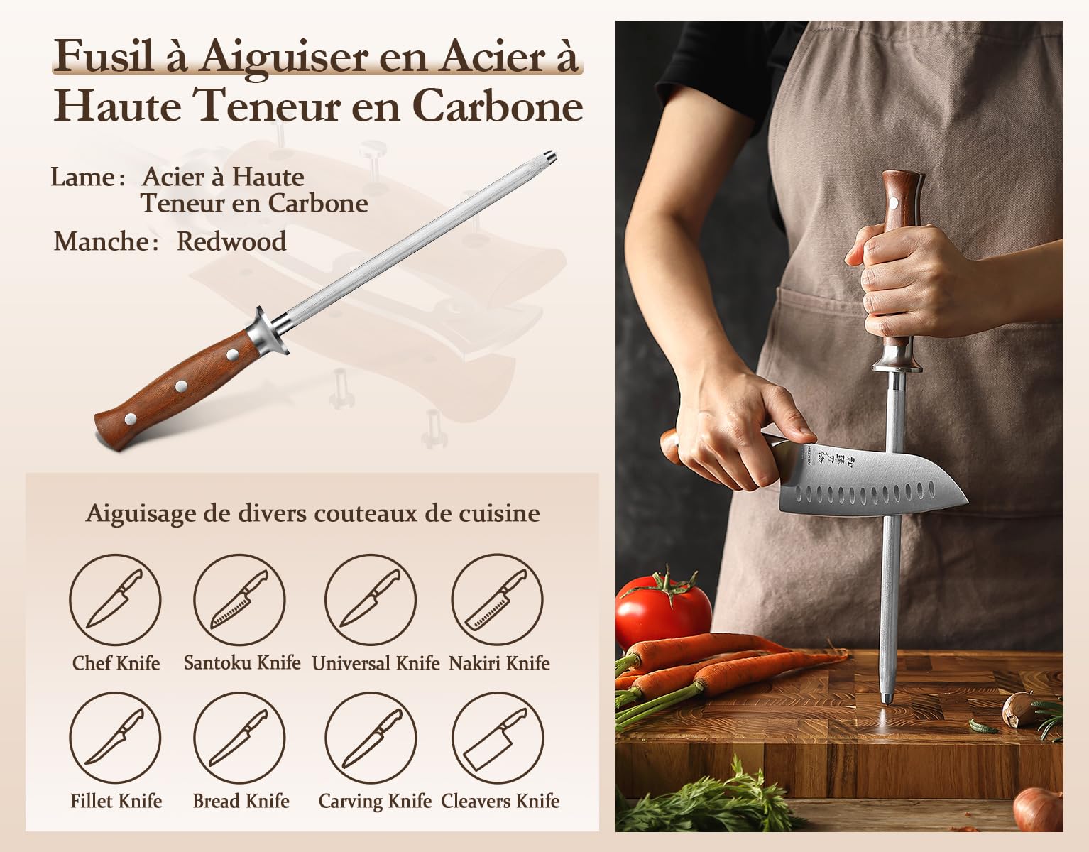 HEZHEN Blocs Couteaux Ensembles de Couteaux de Chef, Set de Couteaux de Cuisine avec Bloc de Couteaux en Bois D'Acacia, Ciseaux de Cuisine en Acier Inoxydable, Avec Fusil à Aiguiser