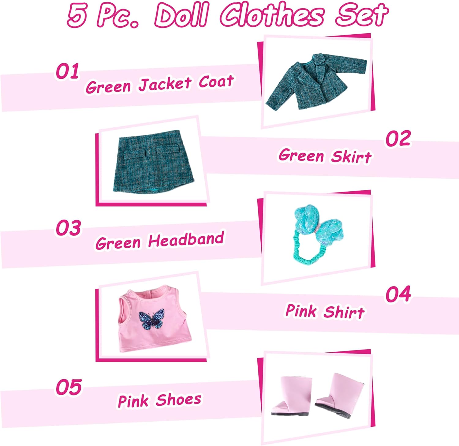 Rakki Dolli Doll Clothes Accessories 5 Pcs Set, Green Jacket Coat & Skirt & Headband & Pink Shirt & Pink Shoes, Fashionable Dress Set for 18" Girl Dolls (Doll Not Included)
