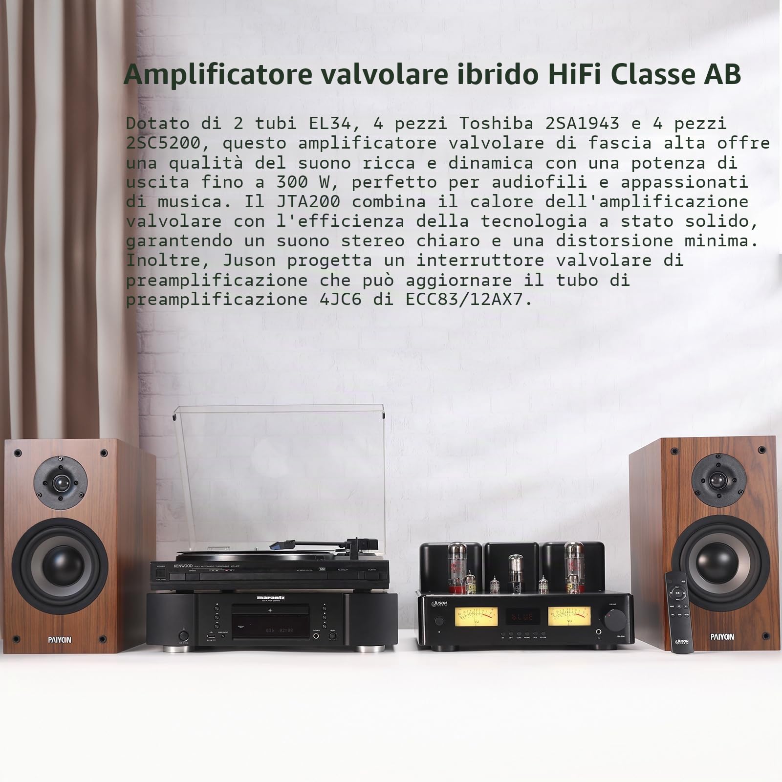 Juson Audio JTA200 150W RMS x 2 | EL34 HiFi Class AB Hybrid Stereo | Amplificatore tubolare con BT 5.4, compatibile con giradischi e cuffie ad alta ohm | Amplificatore tubolare da 150 W x 2, Hifi Class AB stereo amplificatore EL34, amplificatore tubolare