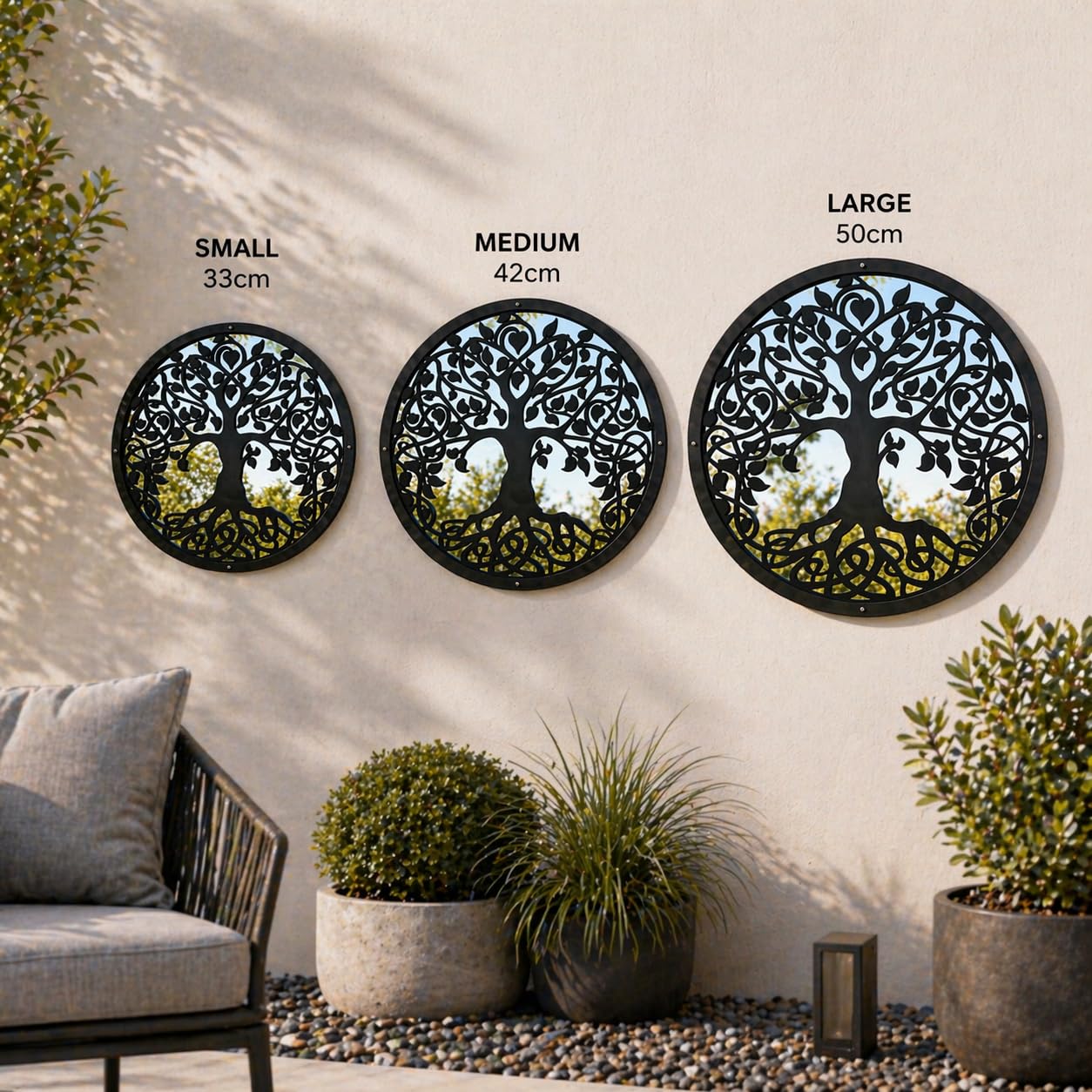 Miroir de Jardin Arbre de Vie 50 cm de Diamètre Sun Catcher Décoration de Jardin Miroir Encadré Rond pour Fixations Extérieures Inclus, Colour:Black