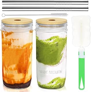 Sponsored Ad - COLOROUND 2 Pack Mason Jar Smoothie Cups with Bamboo Lids and Straws 24 oz Mason Jars Wide Mouth Mason Reus...