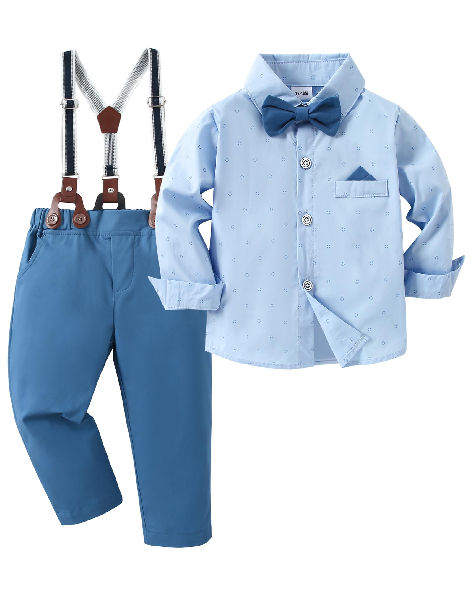 CARETOO Ropa para niños pequeños, trajes de boda para caballeros, trajes formales para niños, camisa de vestir con corbatín, pantalones largos, overoles 1-5T