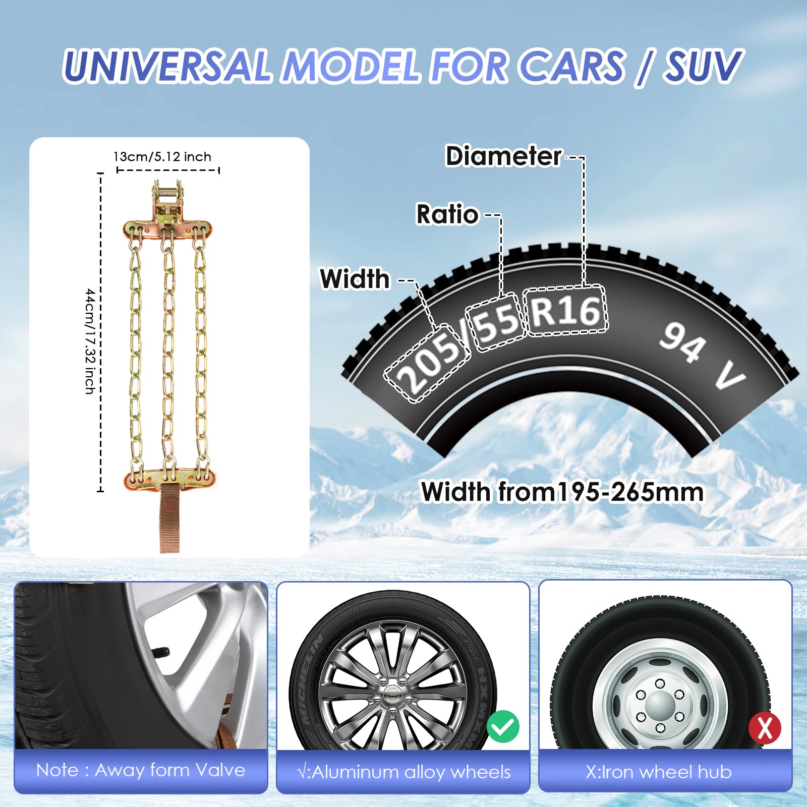 Ninonly Cadenas Coche 6Piezas Cadenas Nieve Universales Emergencia Antideslizantes para Vehículos Coches Furgonetas SUV Ancho 195-265 mm Para Barro, Arena, Nieve, Hielo