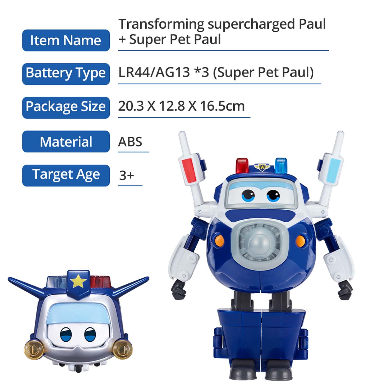 Super Wings Verwandlungsspielzeug Paul & super pet Paul, 2 in 1 Action Figur, 12,7 cm großes Flugzeug-Roboter-Spielzeug, Transformable-Spielzeug für Jungen und Mädchen ab 3 Jahren, Blau