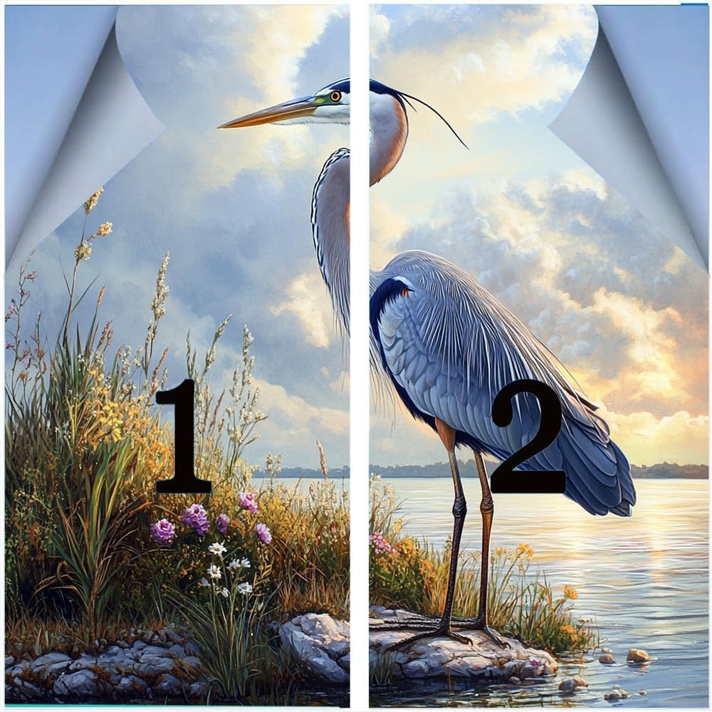 Rustic Heron Window Film Privacy Sunset Lake Beautiful Animals Birds Decorative Stained Glass Decal for Home, Adhesive Window Sticker 35.4Wx63L inch x 2pcs