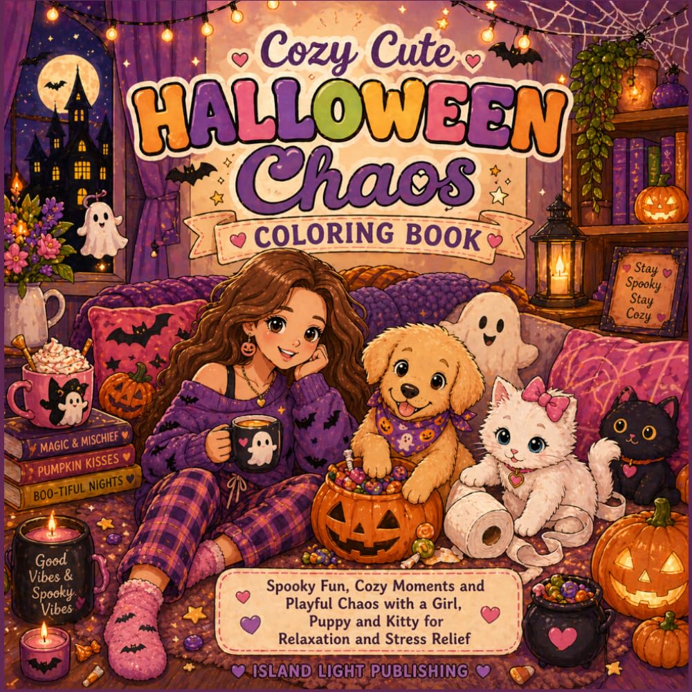 Cozy Cute Halloween Chaos Coloring Book: Playful Spooky Moments with a Girl, Puppy and Kitten Featuring Cute Costumes, Haunted Fun and Cozy Mischief for Relaxation and Stress Relief