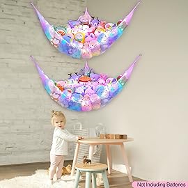 Unicorn Castle Stuffed Animals Net or Hammock Kids Toy Storage Organizer with LED Light Hanging Corner Stuffed Animals Holder Kids Girls Room Decor,Pink-Purple-Yellow,Large (Pack of 2)