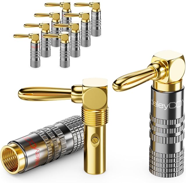 deleyCON 10 Sztuk Wtyki Bananowe Zestaw 90° Kątowy - Pozłacane Przykręcany za Kabel Głośnikowy 0,75 mm - 4,5 mm & np. HiFi Kino Domowe Amplituner