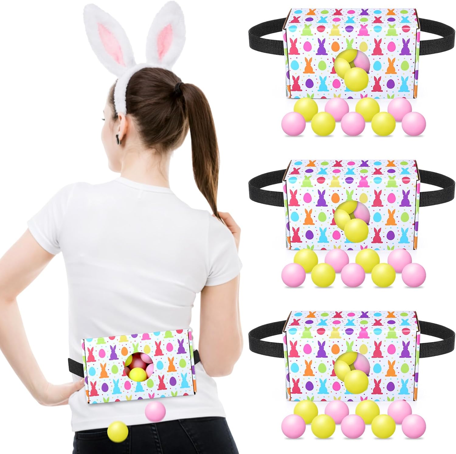 4 Sets Easter Party Games Swing Shaking Balls Game Colorful Egg Bunny Novelty Twerk Game with 4 Adjustable Belts and 80 Balls for Adults Garden Outdoor Indoor Group Holiday