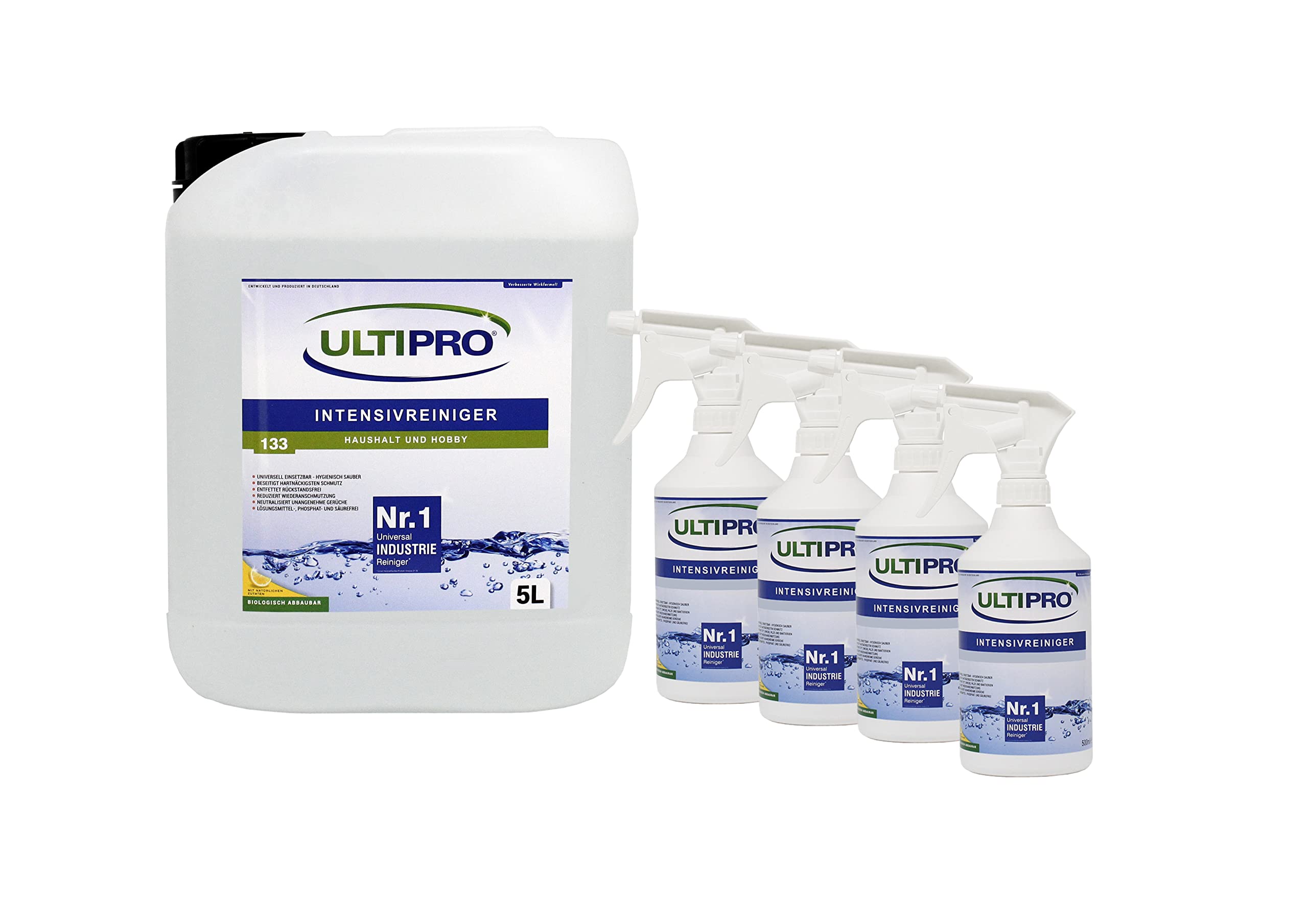 Universalreiniger gebrauchsfertig 5 Liter Intensivreiniger & Fettentferner für Küche, Teppich, Fassade, Auto-Sitze; kraftvoll gegen Fett & Schmutz für alle Oberflächen + 4× 500ml Leersprüher – Ultipro