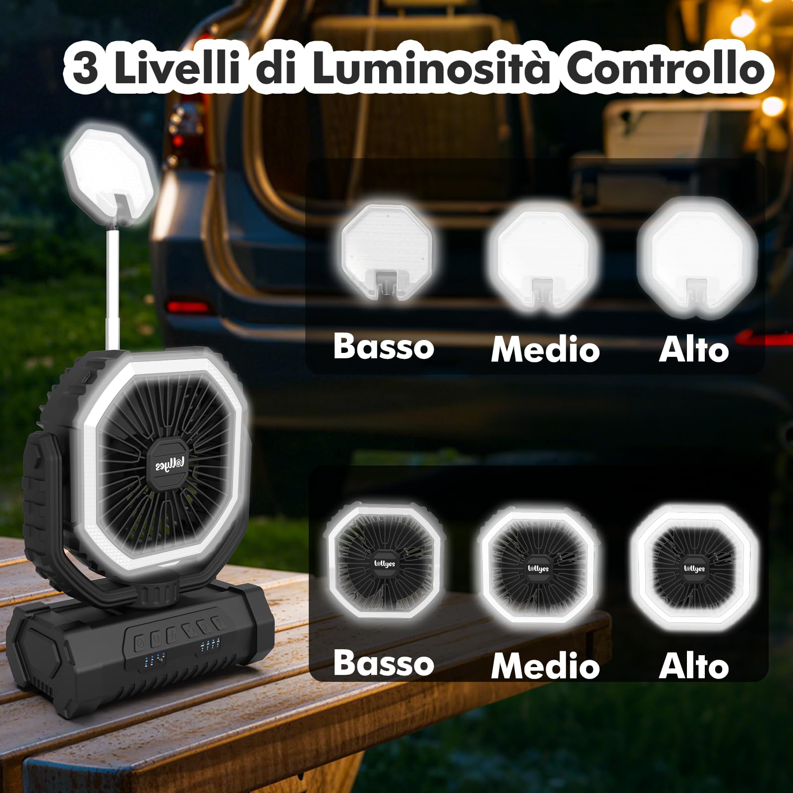 Ventilatore da Campeggio con Luce, Alimentazione a Batteria 20000mAh, Ventilatore Portatile Ricaricabile con Telecomando e Gancio Rotante a 360°, 4 Velocità per Interni, Viaggi, Camper (Nero)