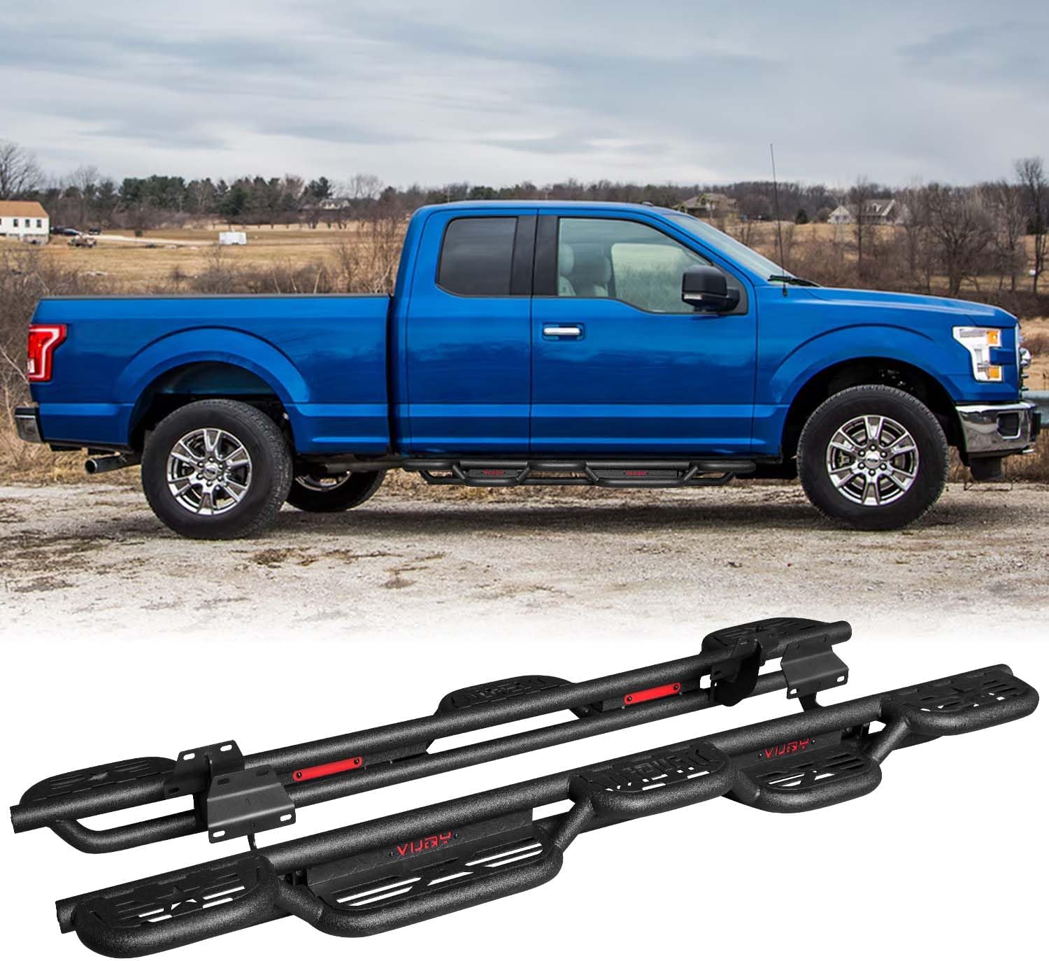 GNG Side Step Running Boards Compatible with 2015-2025 Ford F150 / 2017-2025 Ford F250 F350 F450 F550 〔Super Cab Extended Cab〕（Black&Red）