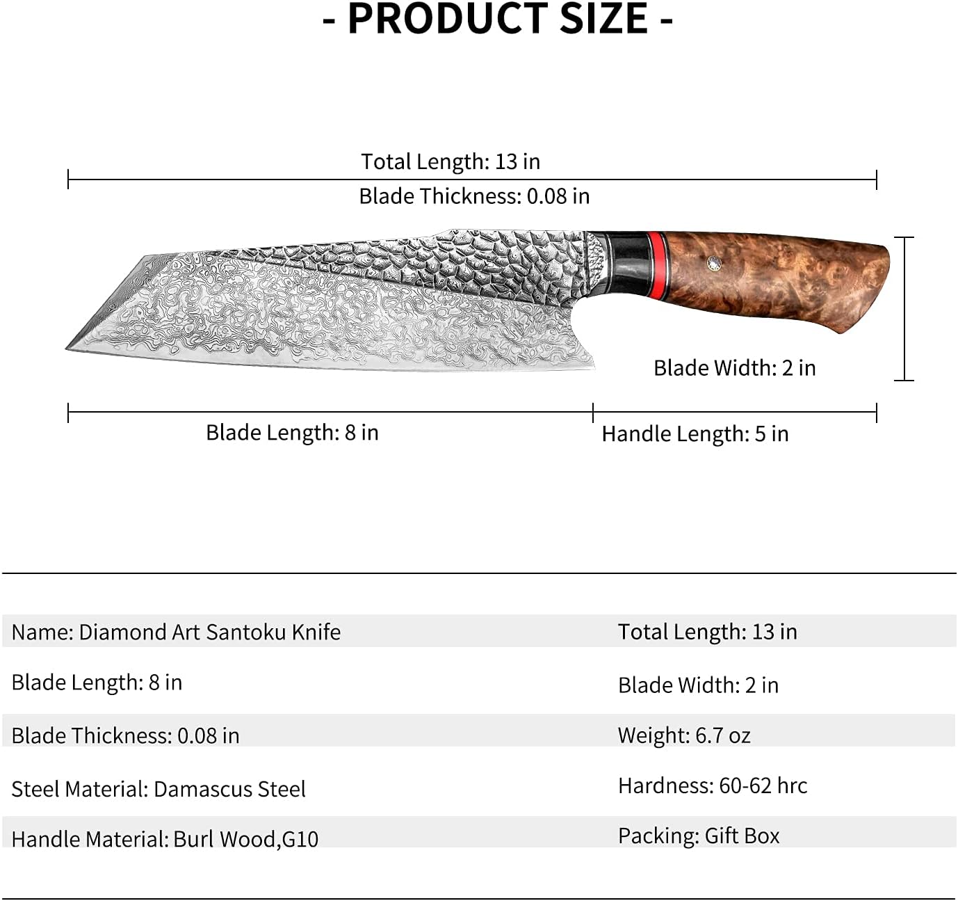 7.6 Inch Handmade Santoku Chef Knife,Ultra Sharp Damascus Steel Blade, Burl Wood Handle,Japanese Style Handmade Kitchen Cooking Knives with Sheath for Home and Restaurant