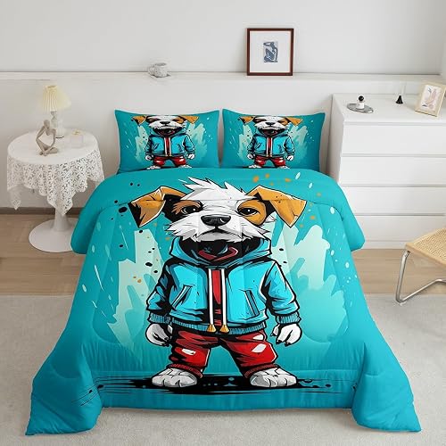 Homewish Cartoon Dog Comforter Set King Size,Graffiti Watercolor Animal Art Duvet Insert 3Pcs,Cute Puppy Bedding Set for Kids Boys Girls Room Decor,Blue Water Fashion Modern Quilt Set,2 Pillowcases