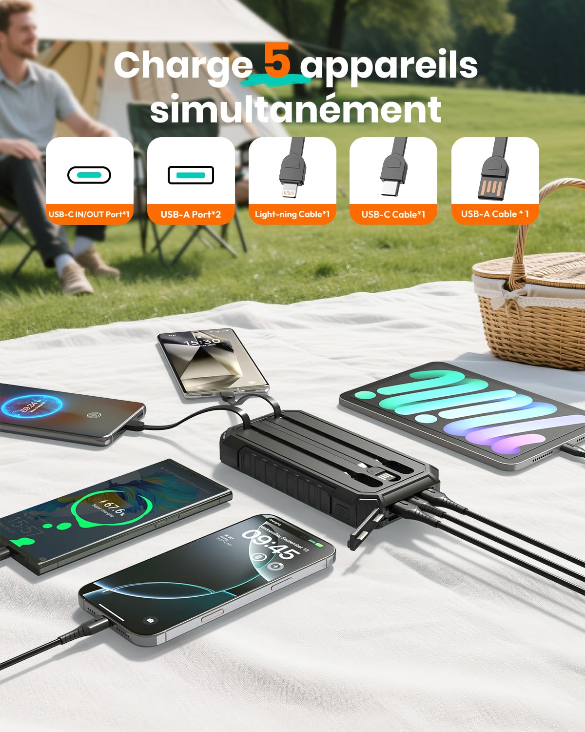 Batterie Externe Solaire 20000mAh - Chargeur Rapide 15W Chargeur Portable avec 3 Câbles Intégrés, Chargeur Solaire avec 5 Sorties et 2 Lampes de Poche LED pour Phone 17/16/15/14/13 et Android