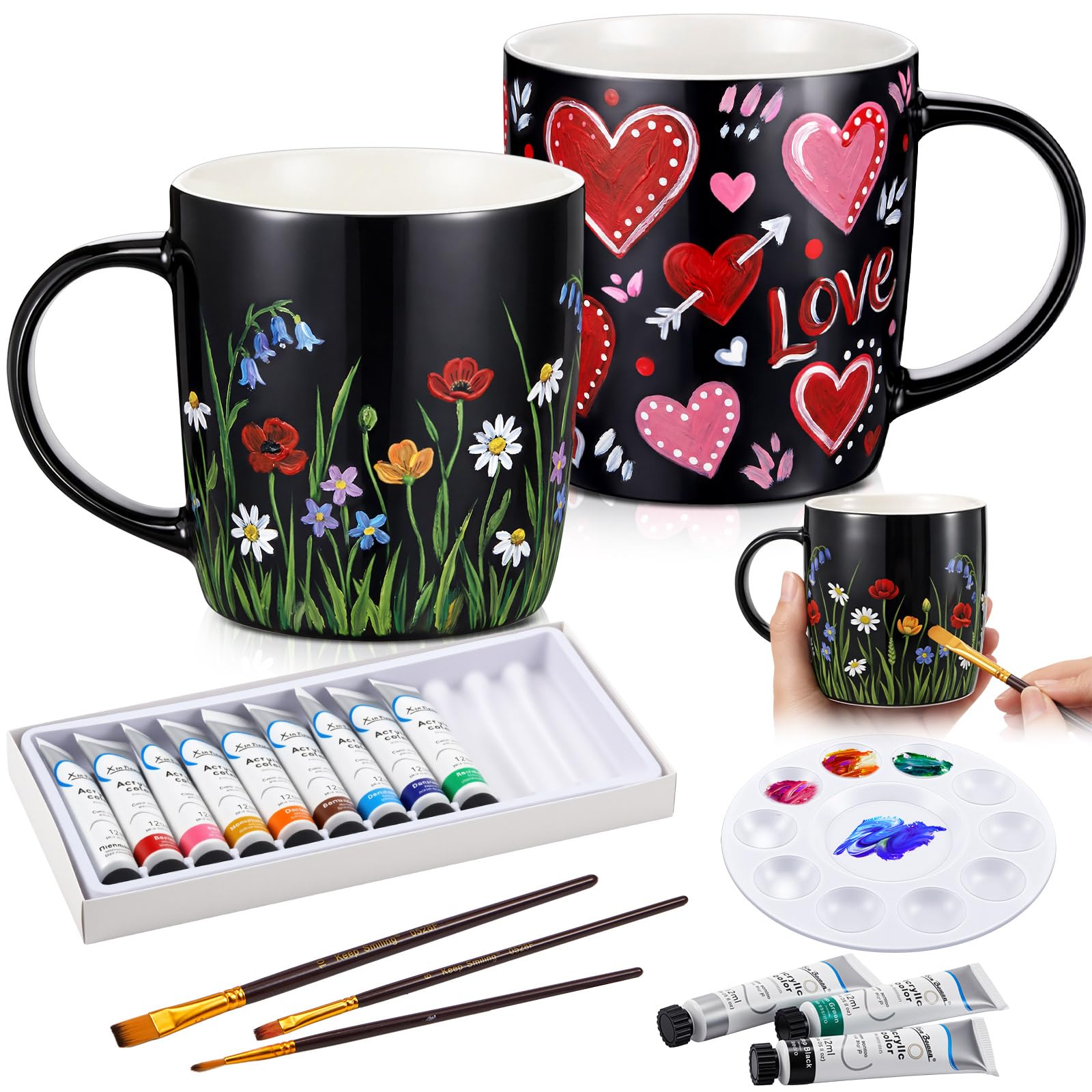 Geiserailie Mug Painting Kit for Adults, Paint Your Own Ceramic Mug DIY Set with 2 Mugs, 12 Acrylic Paints, 3 Brushes &amp; Palette Creative Gift for Graduation Mother's Day Birthday Party(Simple Black)