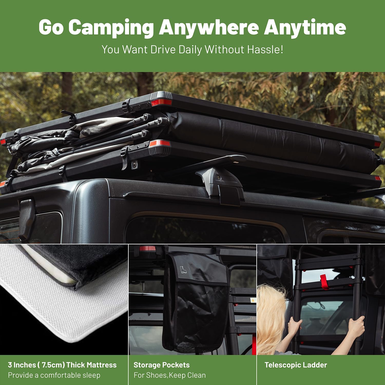 Rooftop Tent Hardshell for Camping - Suitable for Car Jeep SUV Truck, Professional Comfort Roof Top Tent with Ladder for 2-3 People, Easy Fold-and-go, Waterproof & UV-Resistant, 4.6 Ft Wide