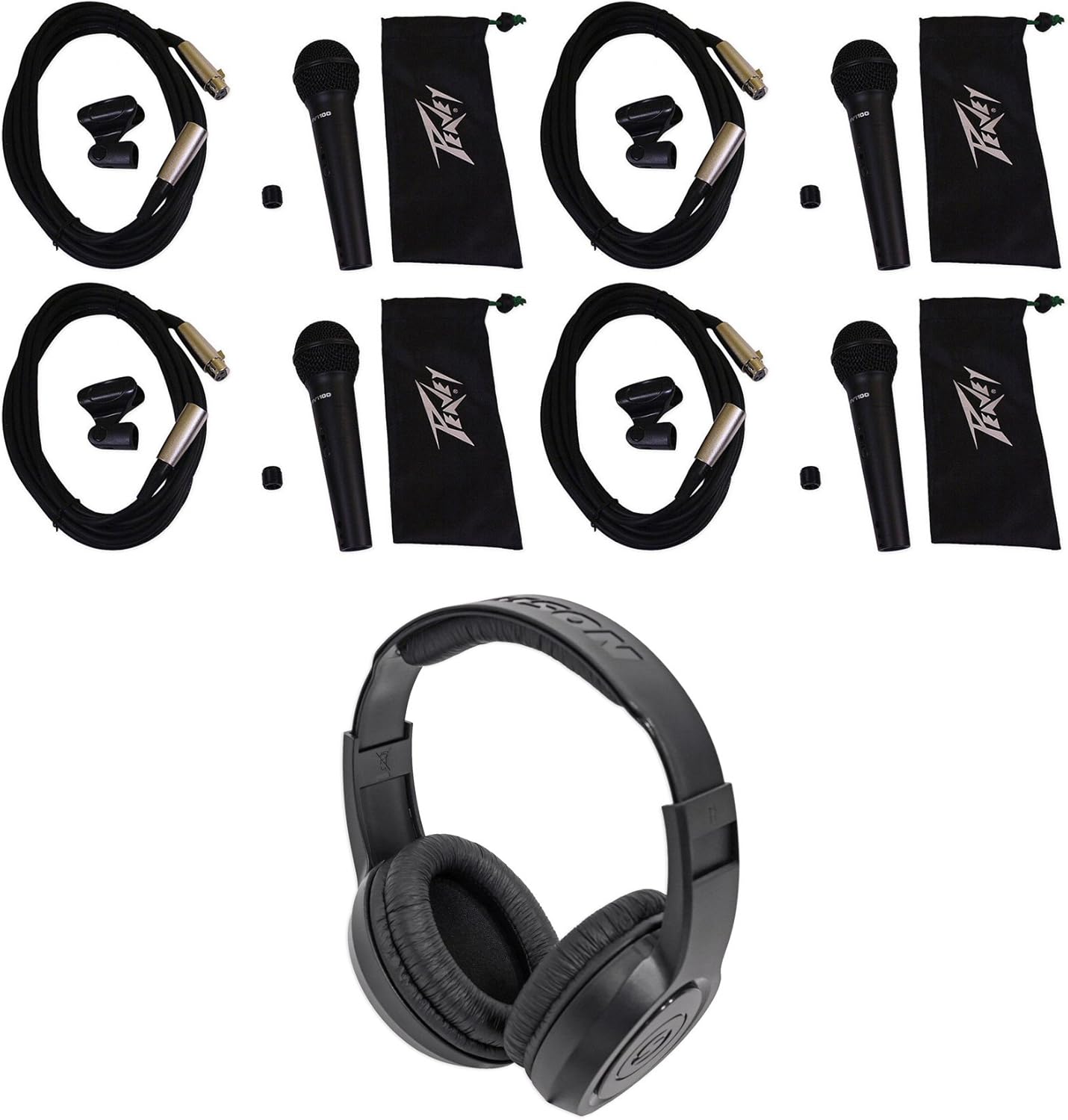 (4) Peavey PVI-100XLR Vocal Microphones+Cases+Mic Clips+Cables+Headphones