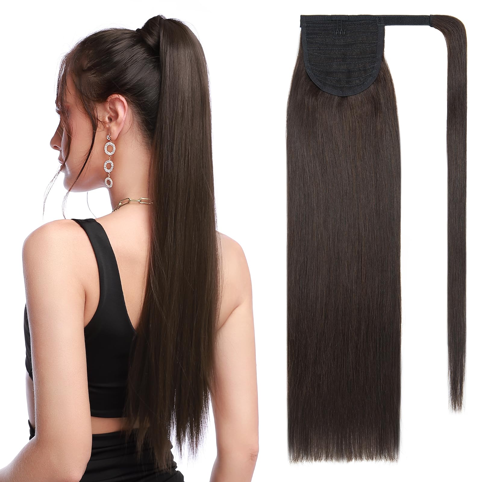 SEGOHAIR Pferdeschwanz Haarteil Echthaar Extensions Zopf 20"(50cm) Clip in Extensions Echthaar Lang Glatt Echte Haare Extensions Echthaar Remy Dunkelstes -95g