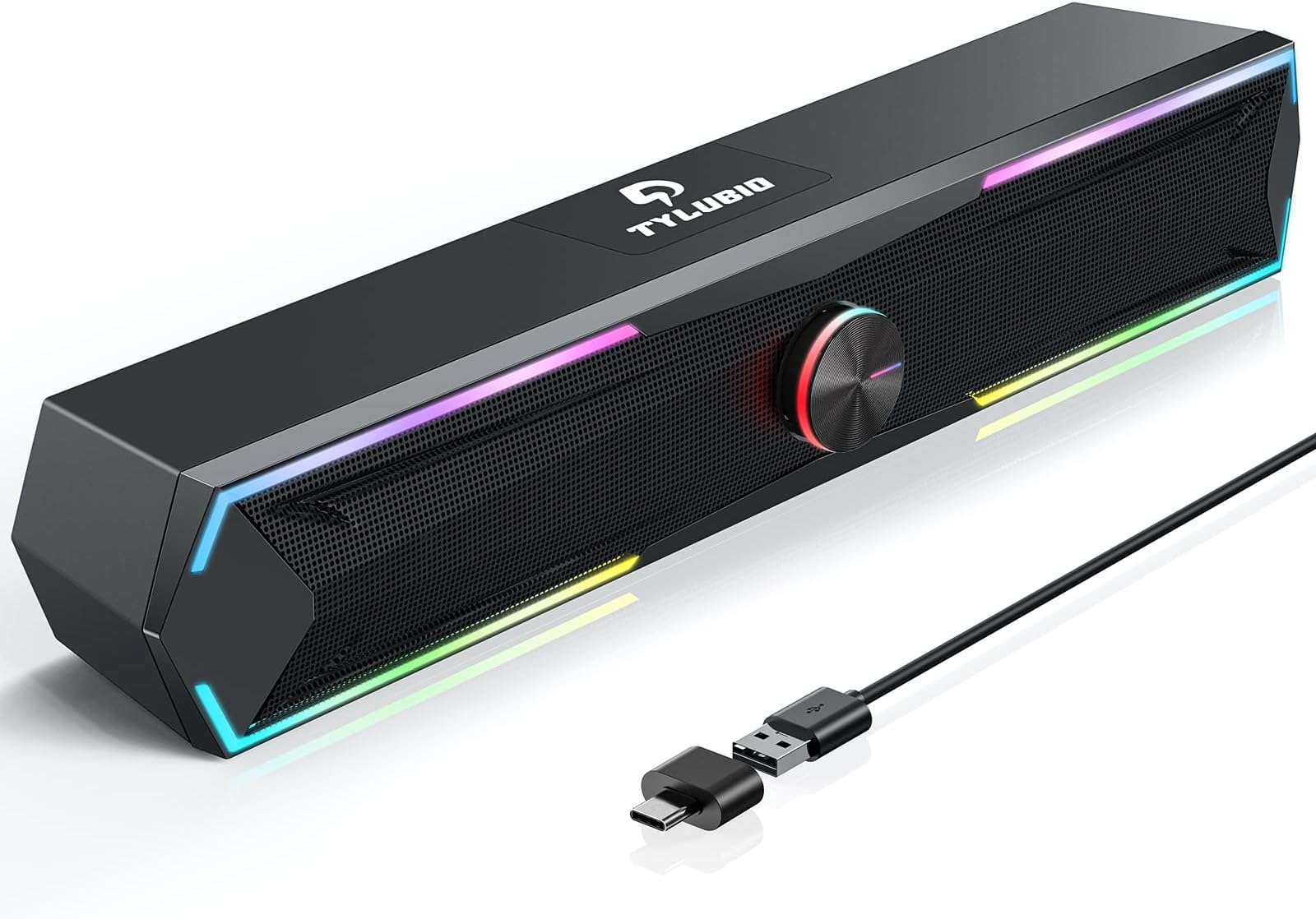 Tylubio Computer Speakers for PC Desktop, Flowing LED Under-Monitor Soundbar with Clear Stereo Sound, Bluetooth & USB 2-in-1 Audio Input, PC Speaker for Monitor Laptop, Black
