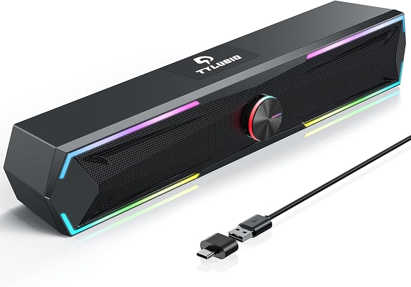 parlantes de computadora para PC de escritorio, barra de sonido LED debajo del monitor con sonido estéreo claro, entrada de audio Bluetooth y USB 2 en 1, parlante de PC para monitor portátil, negro