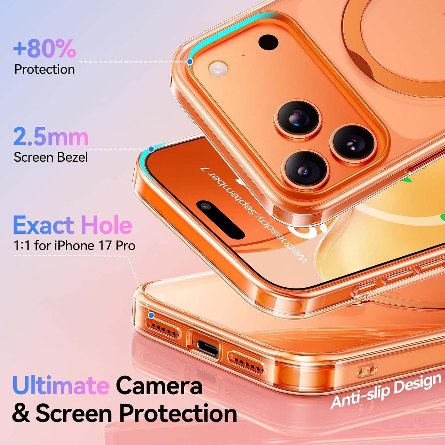 for iPhone 17 Pro Case 2025 (Compatible with MagSafe) (Military Protection) with 360° Spin Stand (DIY Cute Stickers) Anti-Yellow Clear Slim for 17 Pro Phone Case 6.3", Orange - Image 6