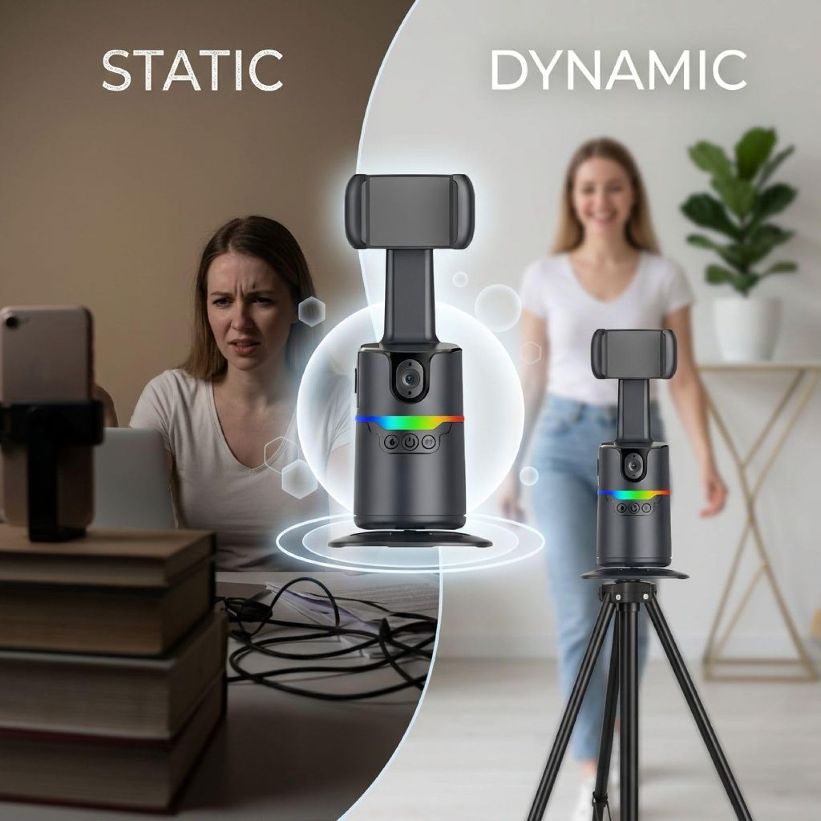 AI Smart Tracking Gimbal con telecomando wireless, rotazione a 360° Auto Face Tracking Phone Camera Treppiede Stand per Vlog Live Stream, Creazione di contenuti Social Media, 8,1 x 8,1 x 18 cm