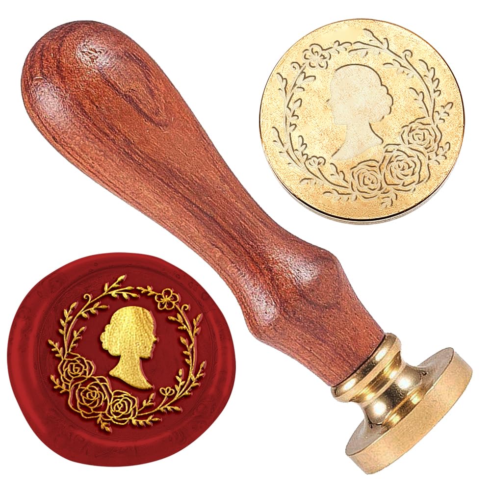 DELORIGIN Wreath Lady Wax Seal Stamp Embossed Stamp Sealing Removable 1" Brass Wax Seal Stamp Head with Wooden Handle for Wedding Party Invitations Envelopes Gift Packing Cards Envelopes Decoration
