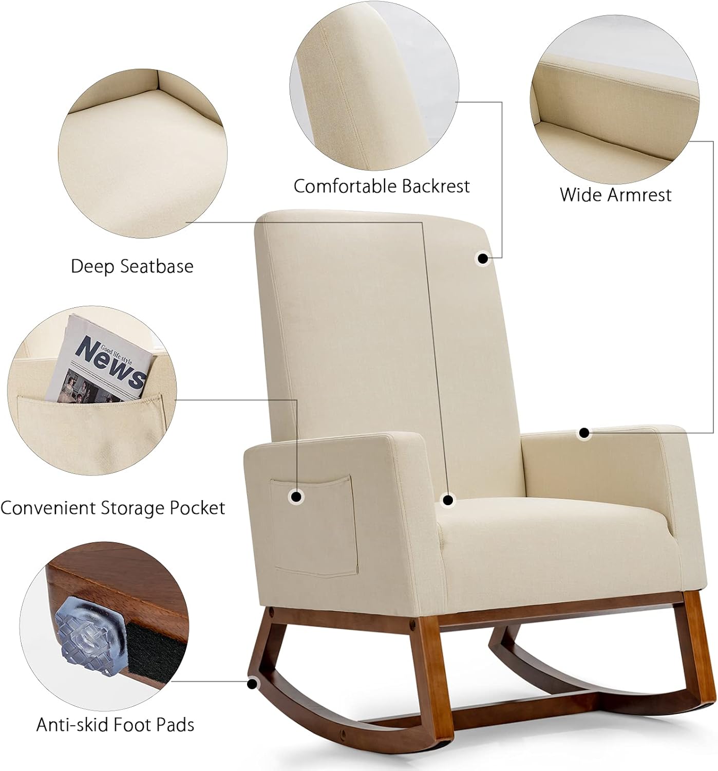 Rocking Chair, Upholstered Fabric Rocker Accent Armchair with Side Pocket, Recliner Relaxing Lounge Chair for Living Room, Bedroom, Office, Nursery (Beige)